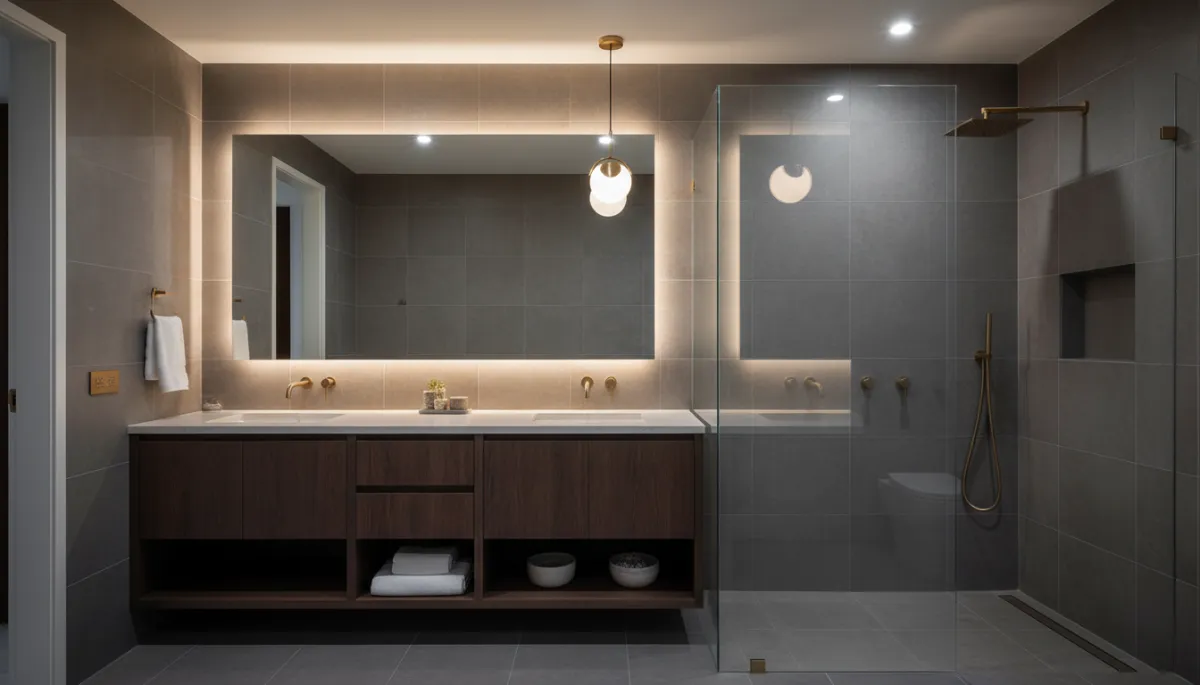 Contemporary bathroom renovation with custom vanity and glass shower