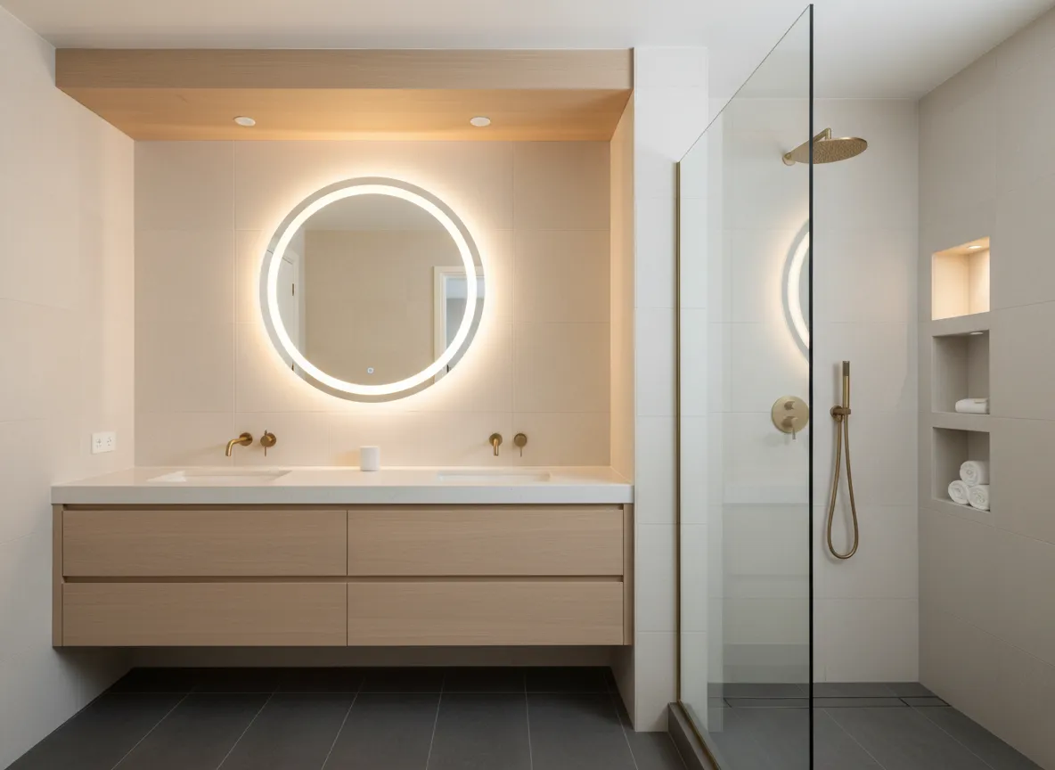 Modern bathroom with custom vanity and walk-in shower
