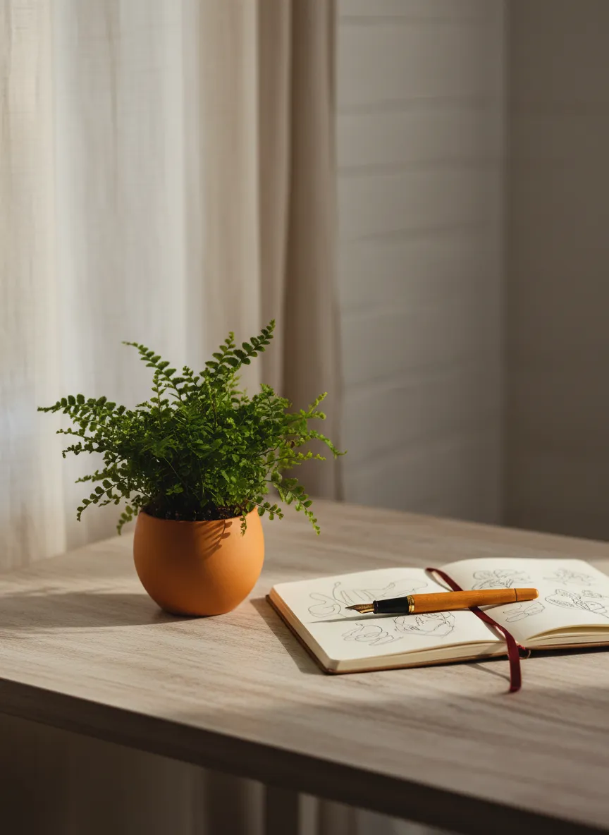 Plant and notebook on desk