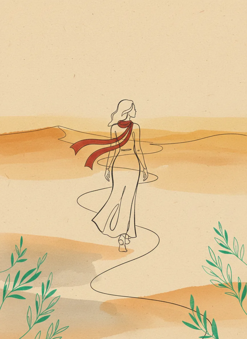 Line art of a woman walking in desert