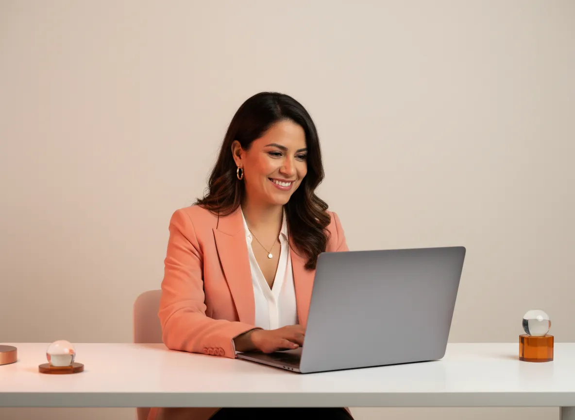 Mujer sonriendo y trabajando en su marca personal con confianza
