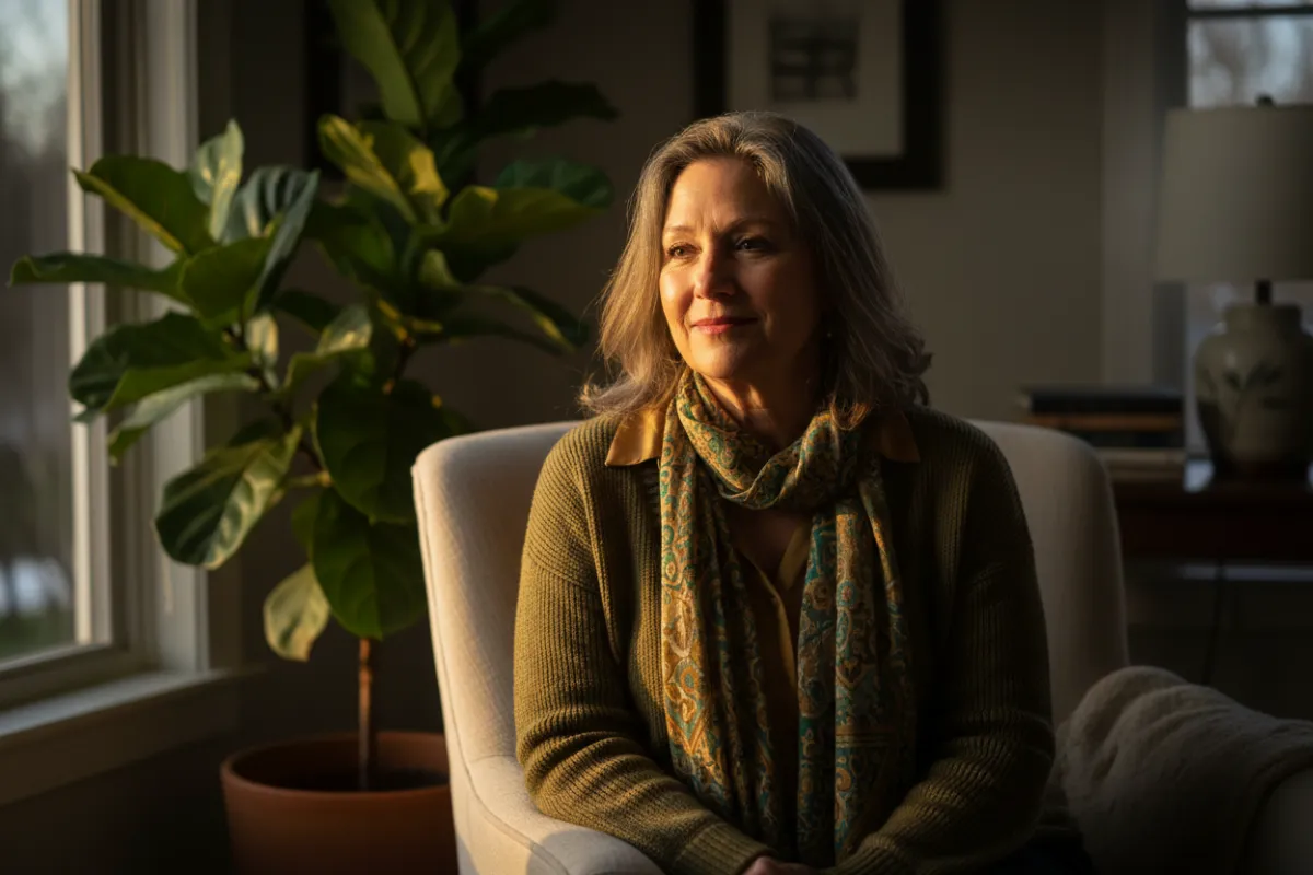A warm, friendly woman aged 55-65 in a natural, candid setting