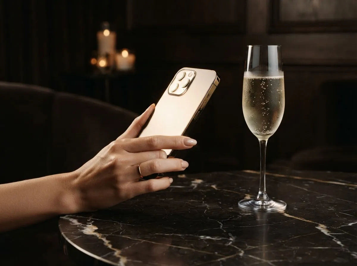 Woman sending event invitation link from gold phone to her best friend