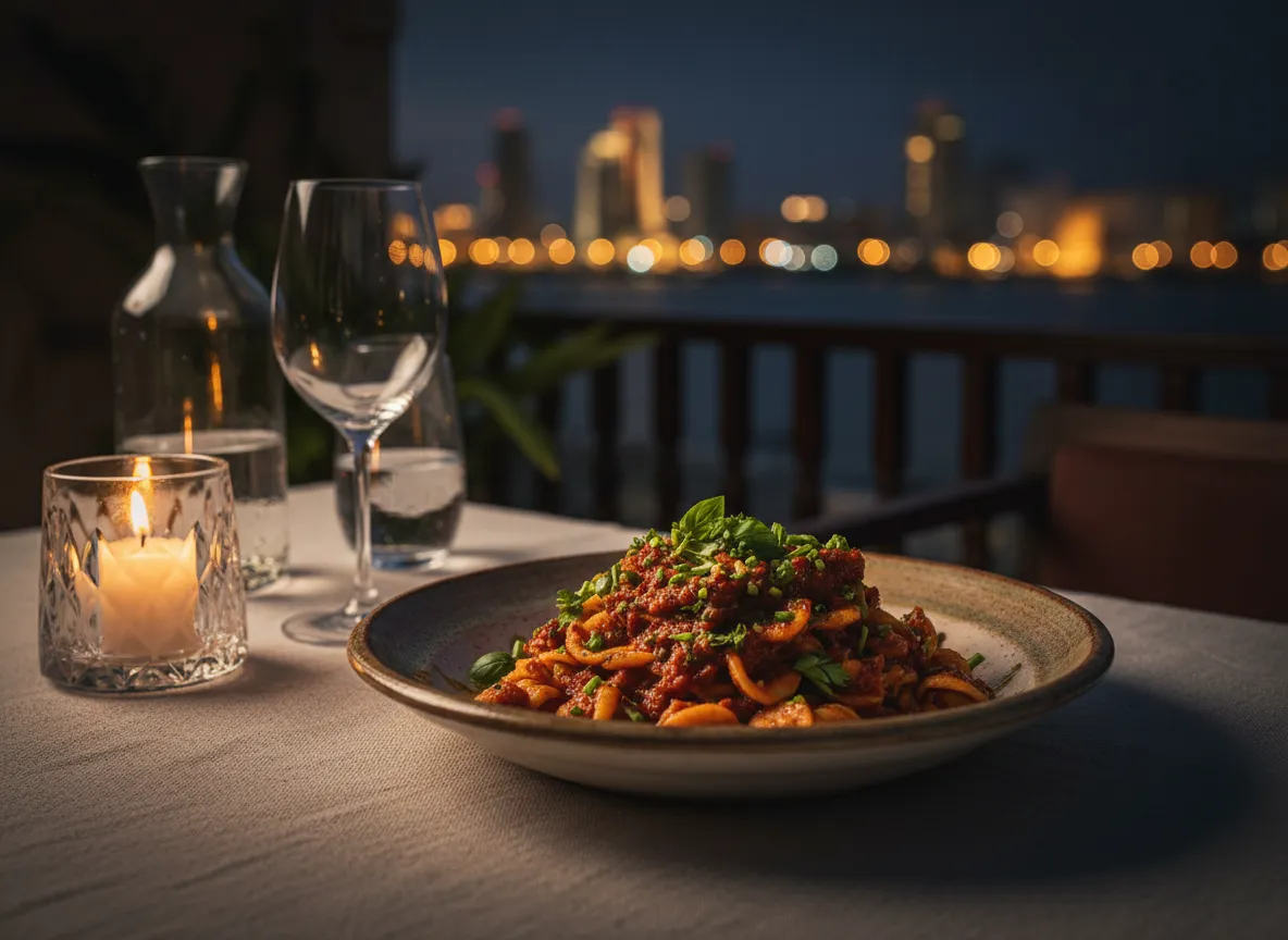 Handmade Italian pasta served on an elegant terrace table