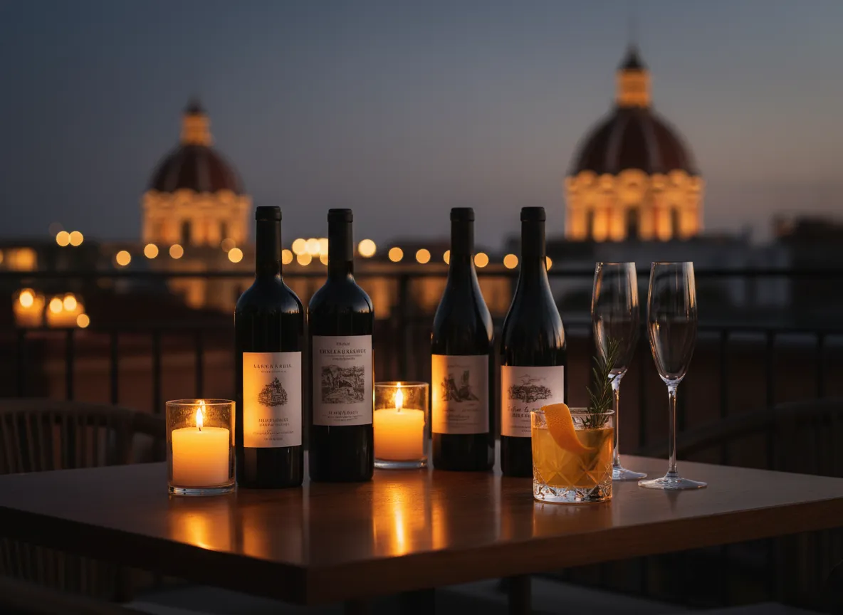 Curated wine and cocktails on a candlelit terrace table