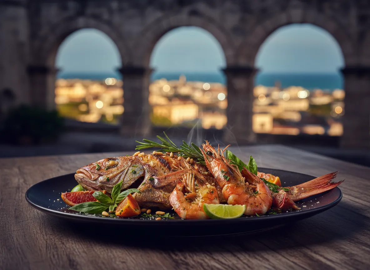 Seafood dish with Mediterranean flavors on an open-air terrace