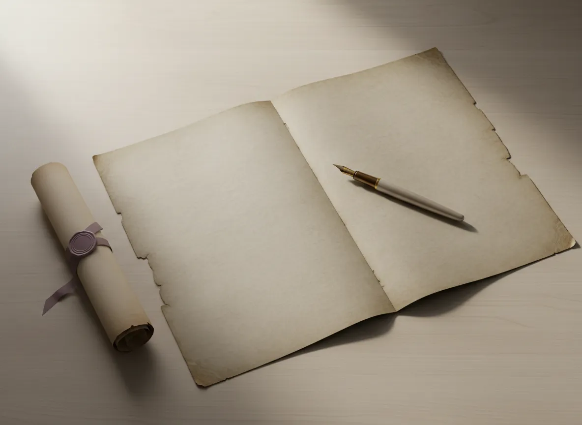 Manuscript pages and scrolls in a quiet study setting