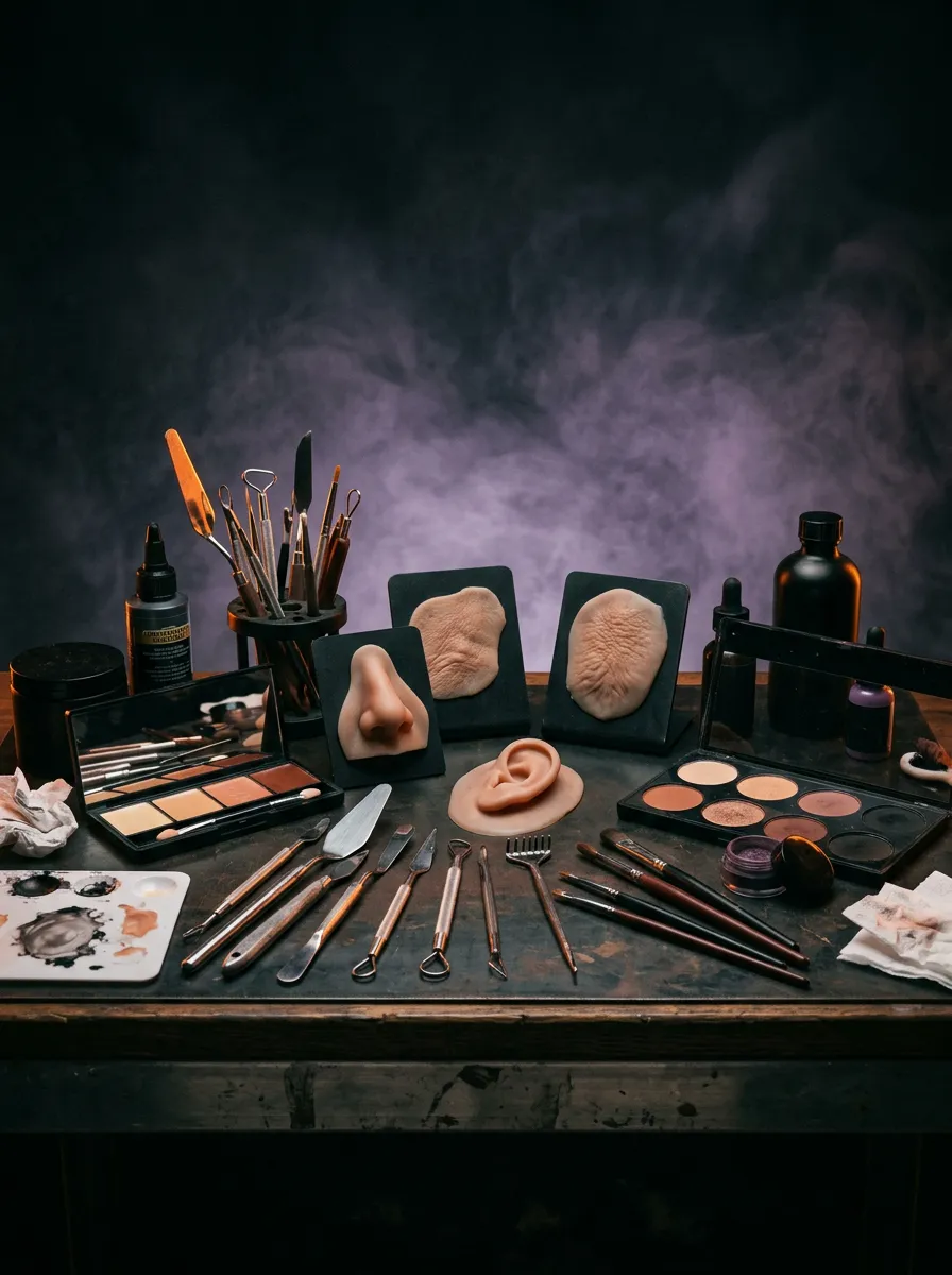 Dark atmospheric special effects makeup studio workstation equipped with studio lighting, silicone palettes, and precision sculpting tools