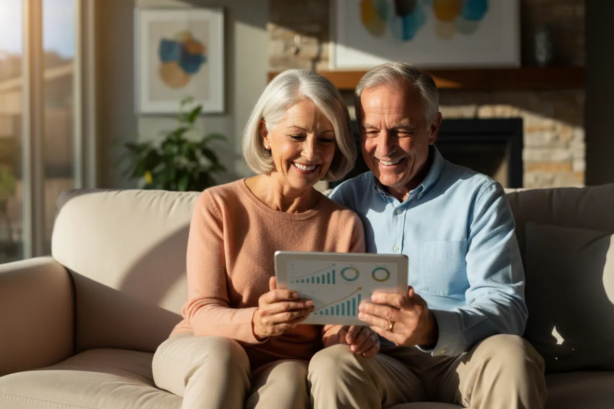 Happy retired couple reviewing financial plans on a tablet in a bright living room.