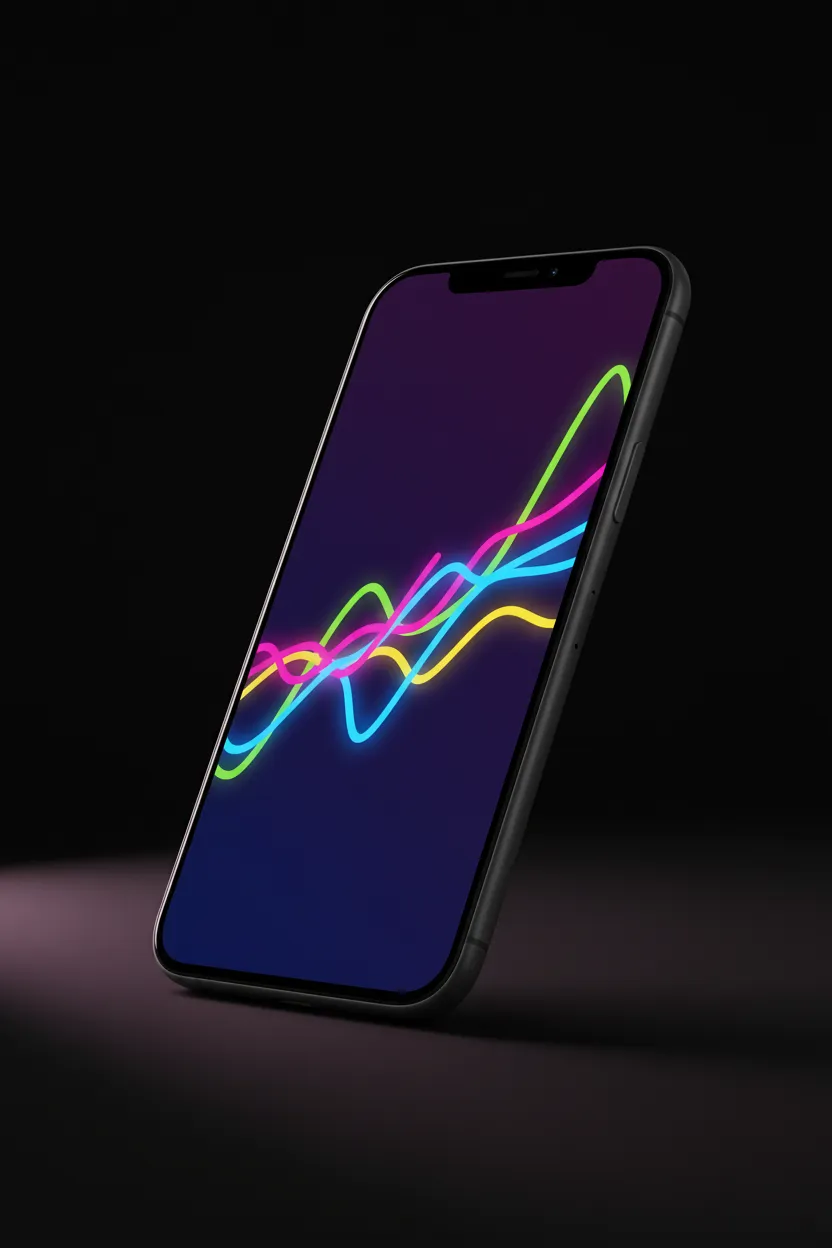 Phone mockup displaying ad performance graphs on a dark background
