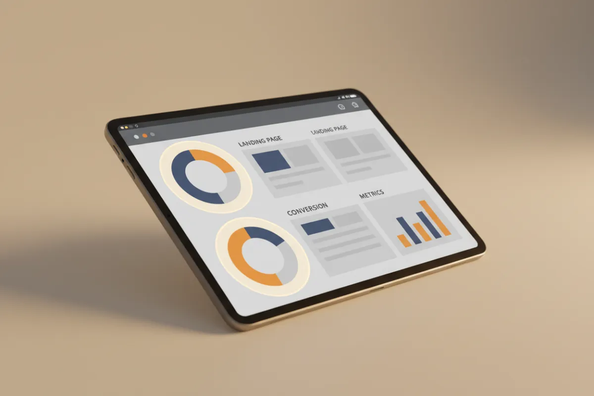 Tablet mockup showing landing page wireframe with highlighted conversion metrics