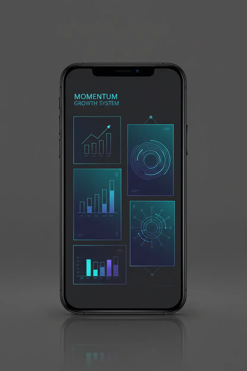 Portrait phone mockup displaying the Momentum Growth System dashboard.