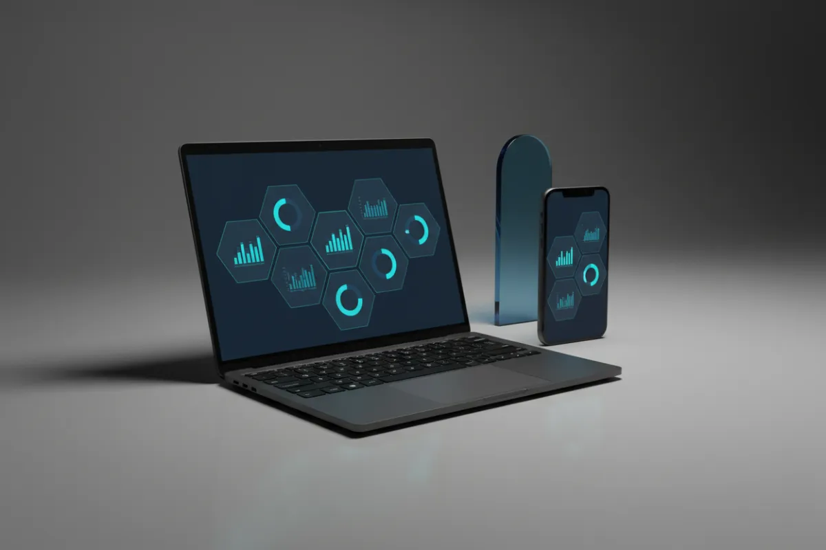 Laptop and phone mockup showing dashboard on a light surface.