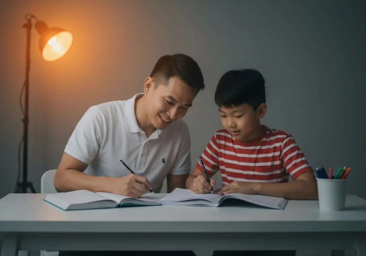 Tutor and child studying together