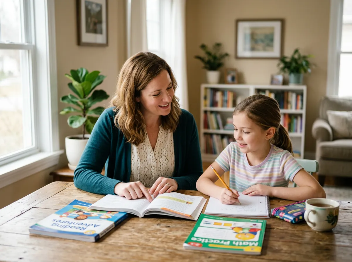 Female teacher tutoring a student in a warm, family-friendly learning setting