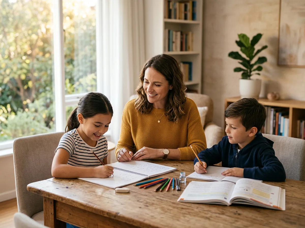 Female teacher tutoring a student in a warm, family-friendly learning setting