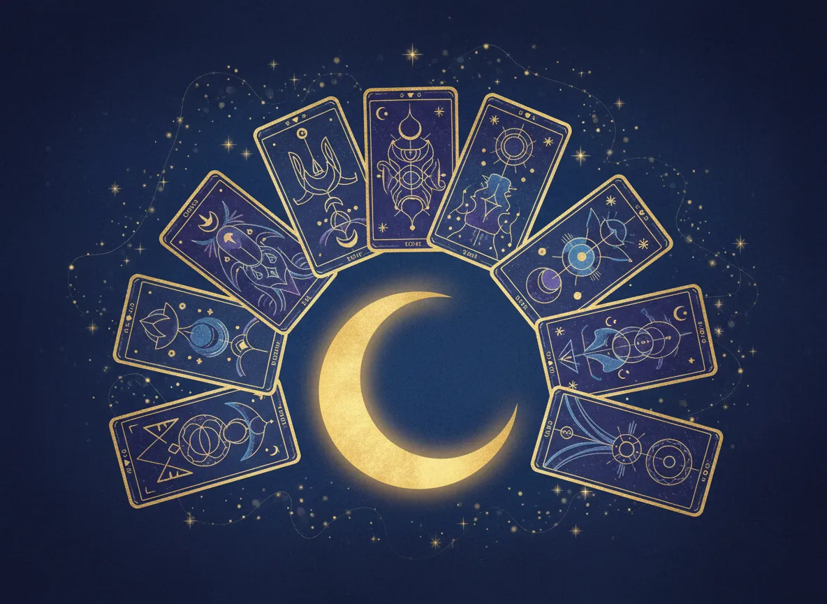 Ilustración abstracta de tarot con luna y cartas en tonos azul profundo y dorado