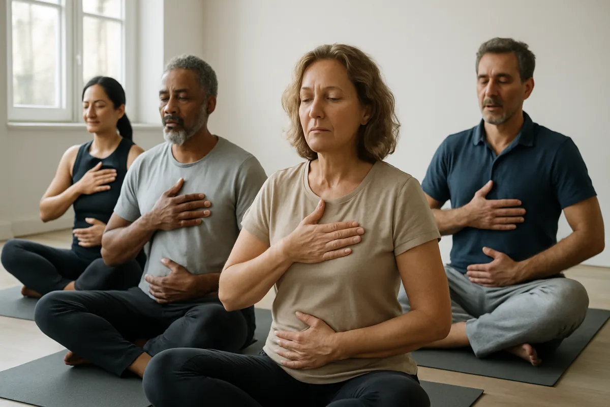 A diverse group of adults practicing yoga together in a bright, modern studio with large windows, wooden floors, and lush plants. The group is mid-pose, smiling and focused, with sunlight streaming in, creating a welcoming, energetic atmosphere.