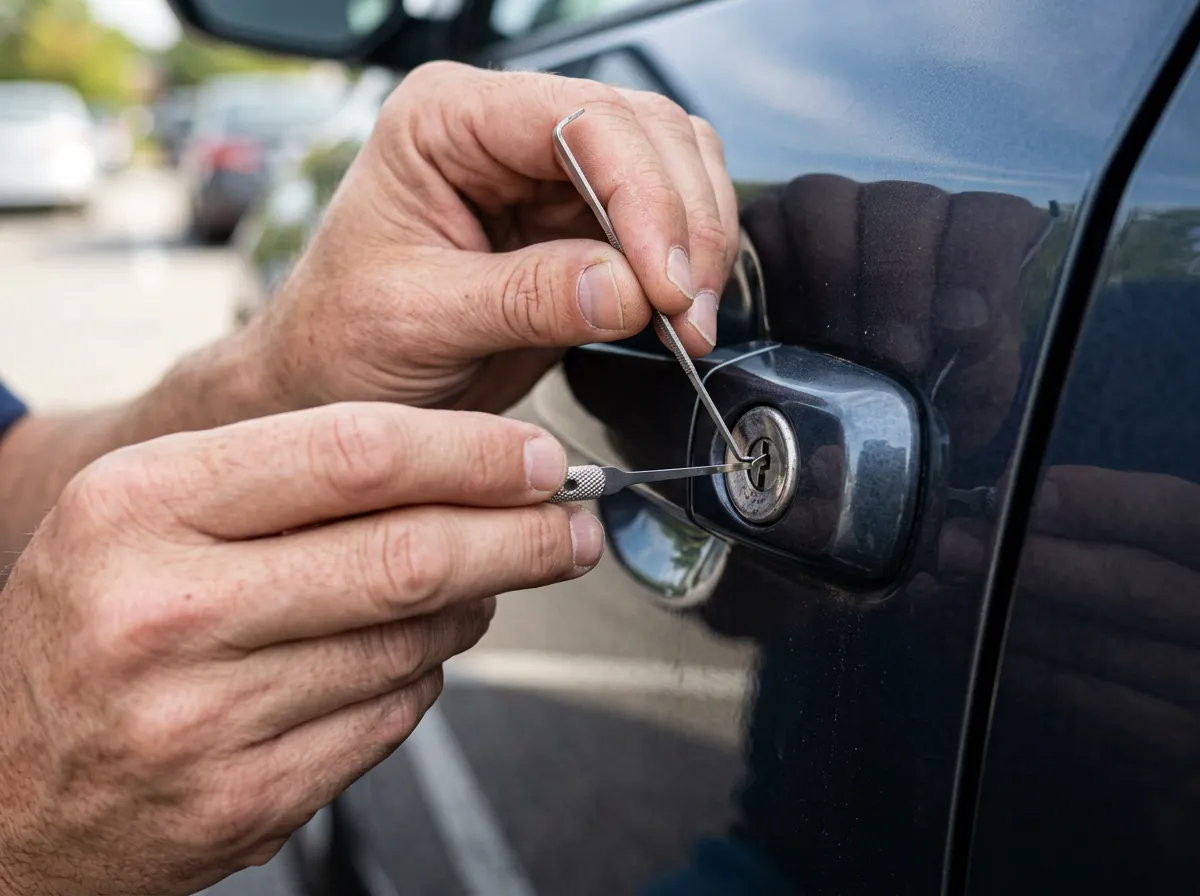 Close-up of locksmith key tools being used to open an auto door lock