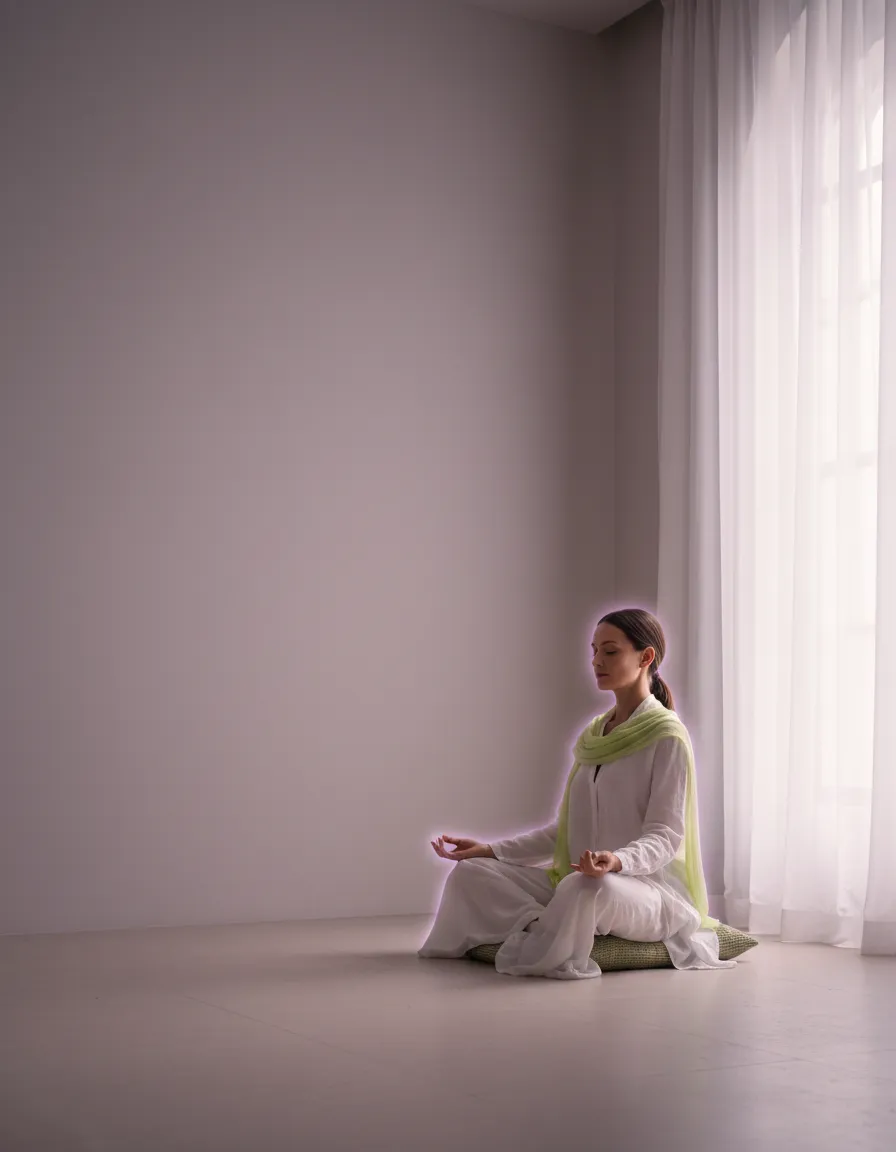 Mujer meditando en un entorno sereno con luz natural