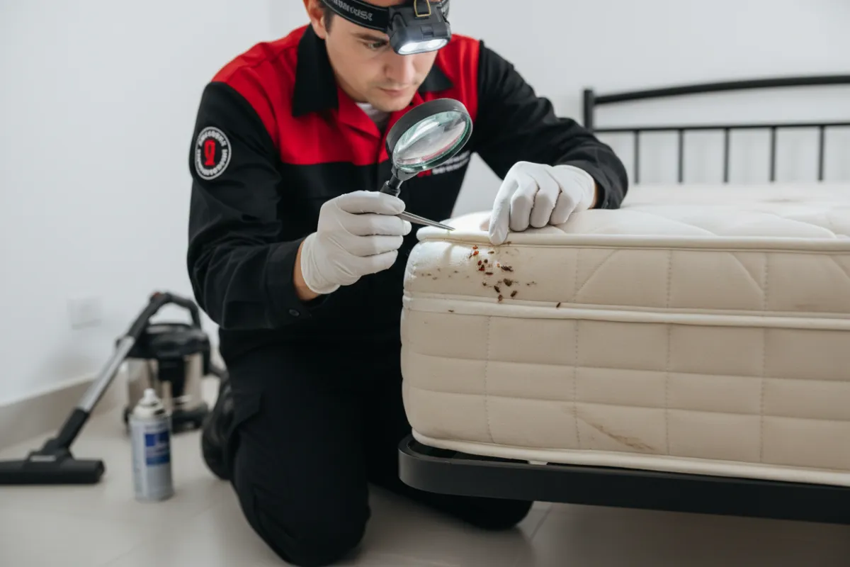 High-quality photo of insect extermination focused on bed bugs; technician wearing a black and red uniform applying treatment