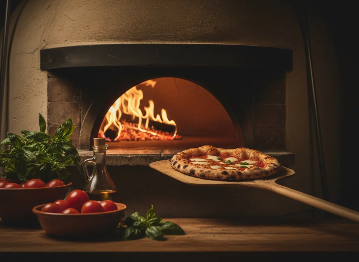 Artisan pizza oven and ingredients in warm light