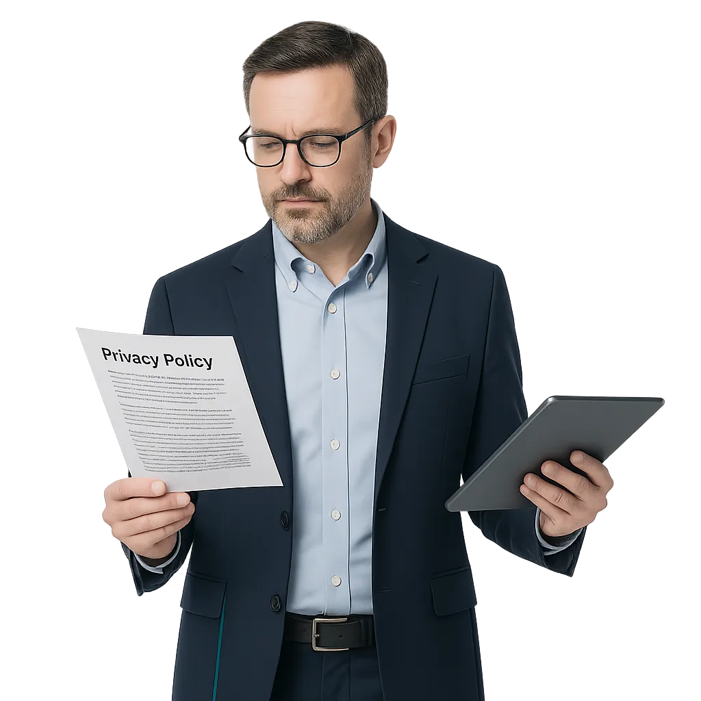 Professional energy consultant reviewing privacy policy compliance