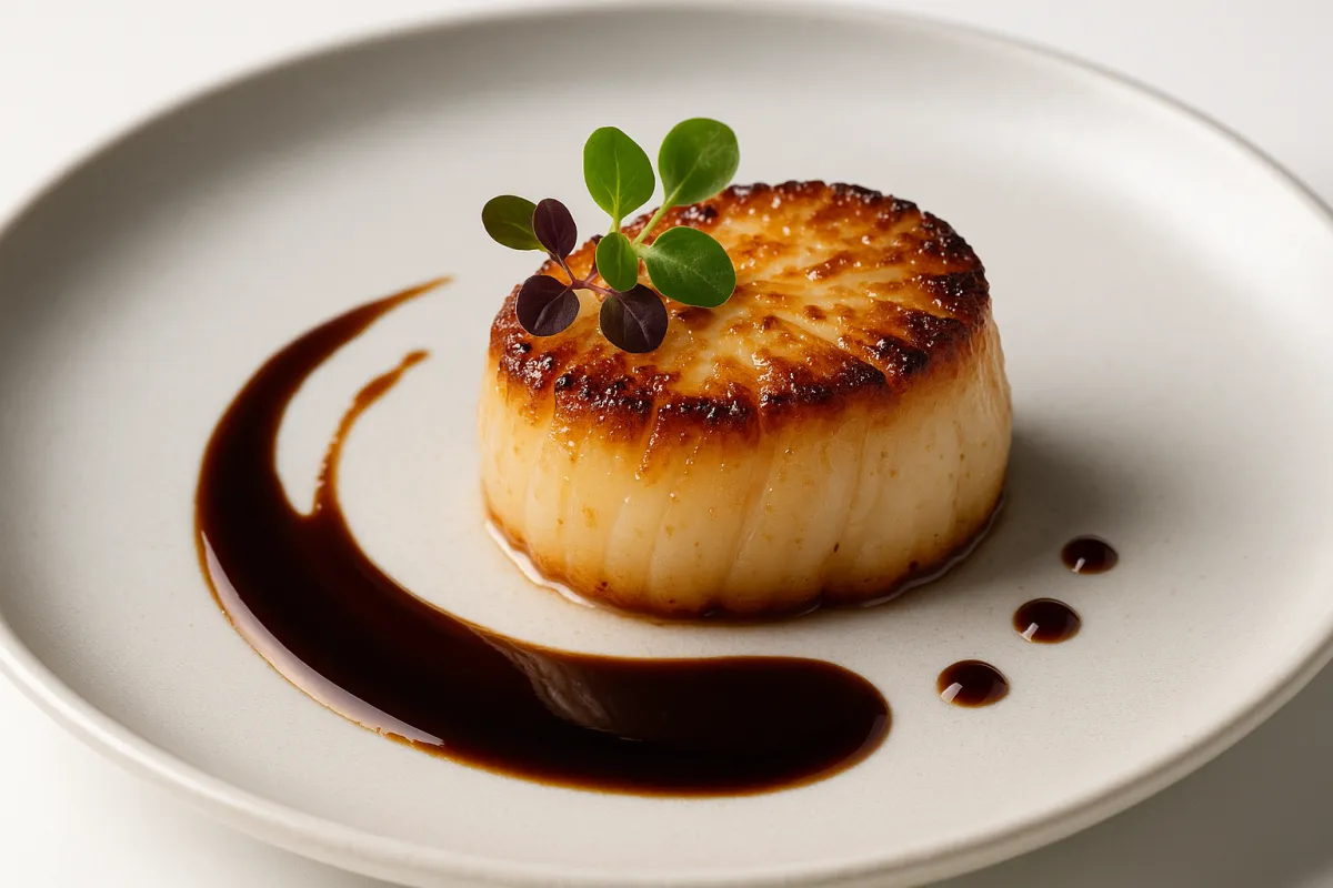 Plated signature course with seared scallop, microgreens, and reduction drizzle