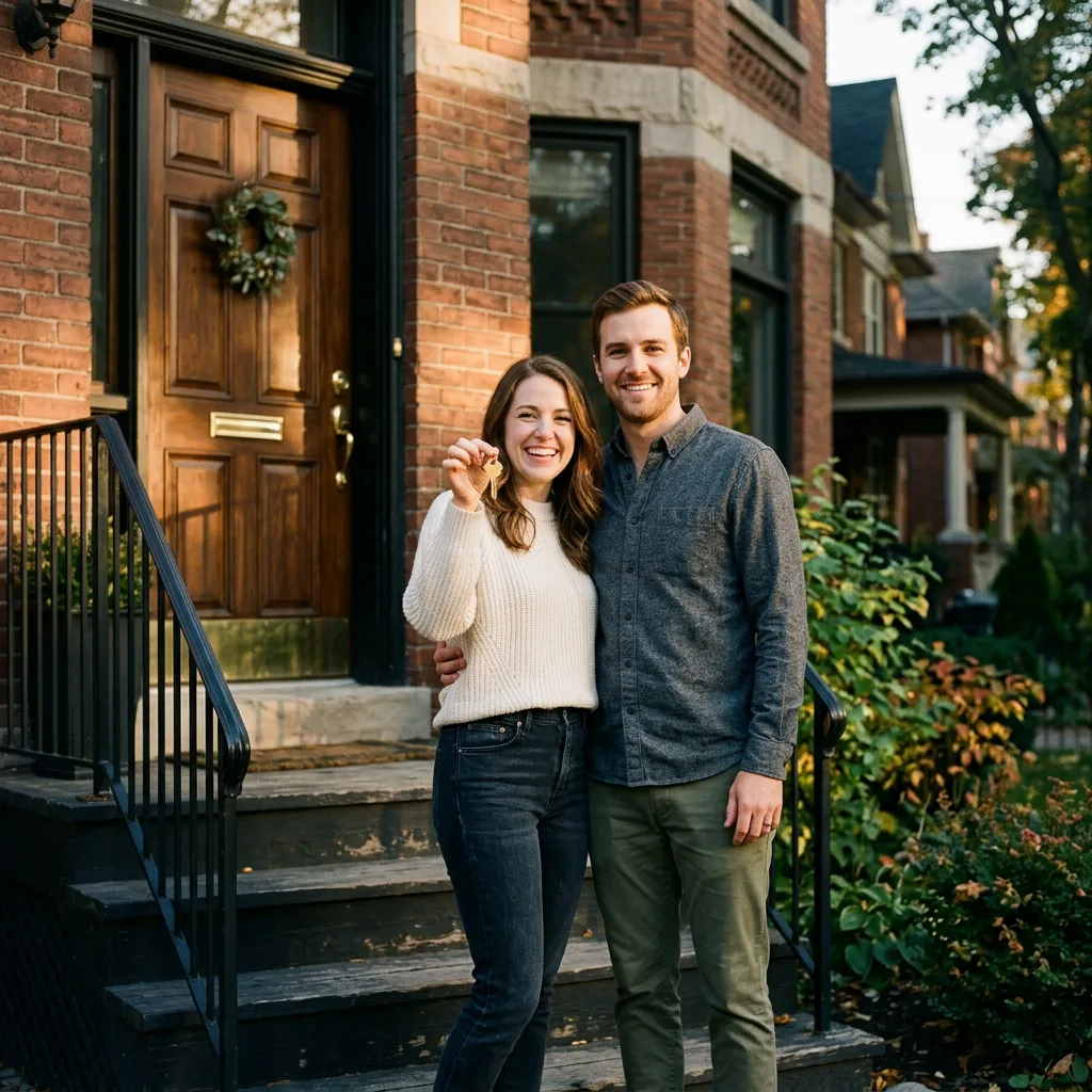 David and Sarah Sterling smiling outside their colonial home with new keys