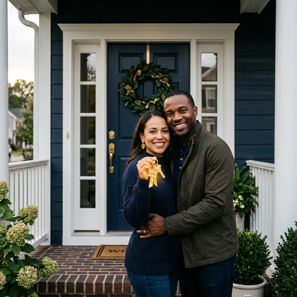 Priya and Arun Patel holding keys in front of their suburban home