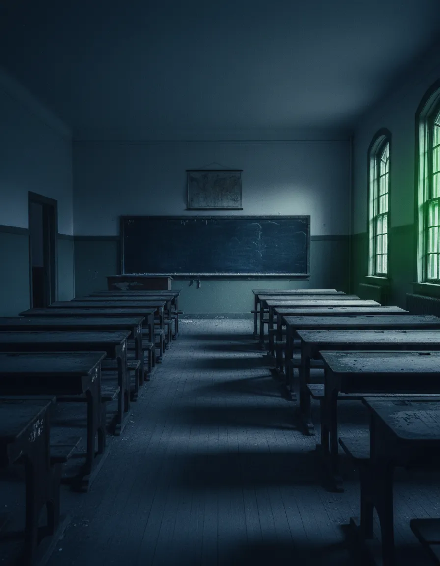 An empty, outdated classroom representing the failure of traditional education