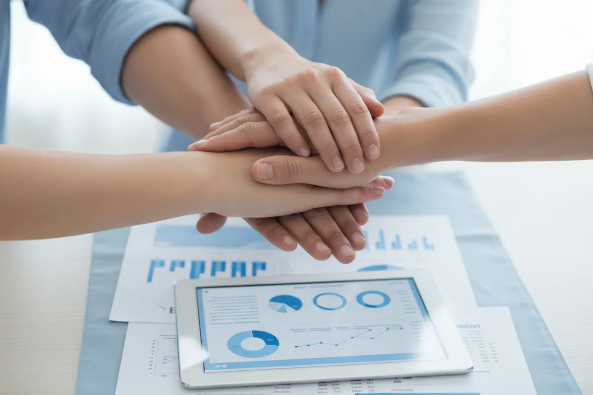 Un grupo diverso de manos unidas sobre una mesa con documentos financieros y una tablet, simbolizando unidad y planificación financiera colaborativa.