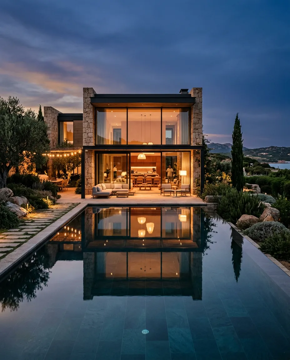 Architectural modern luxury villa in Costa Smeralda at dusk with warm interior glow