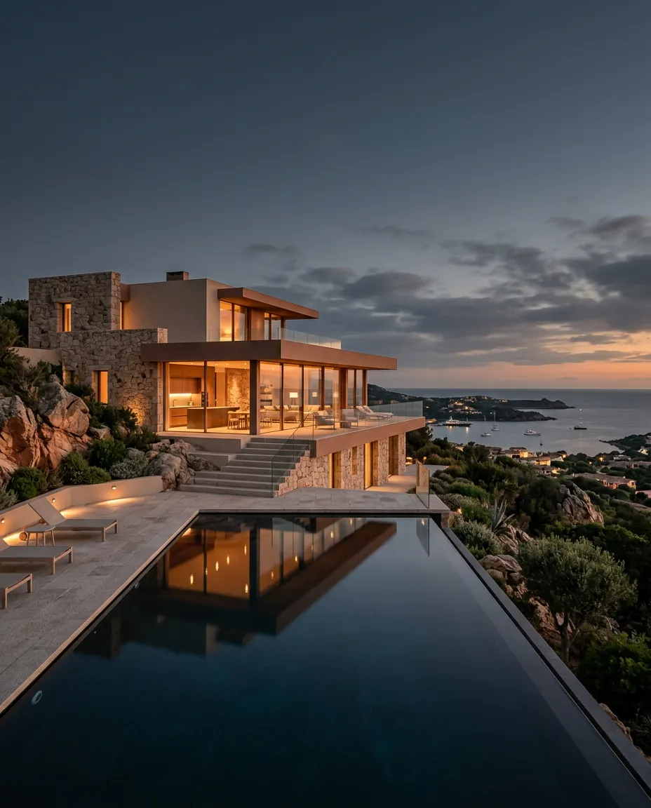 Contemporary coastal villa overlooking the waters of Costa Smeralda at dusk