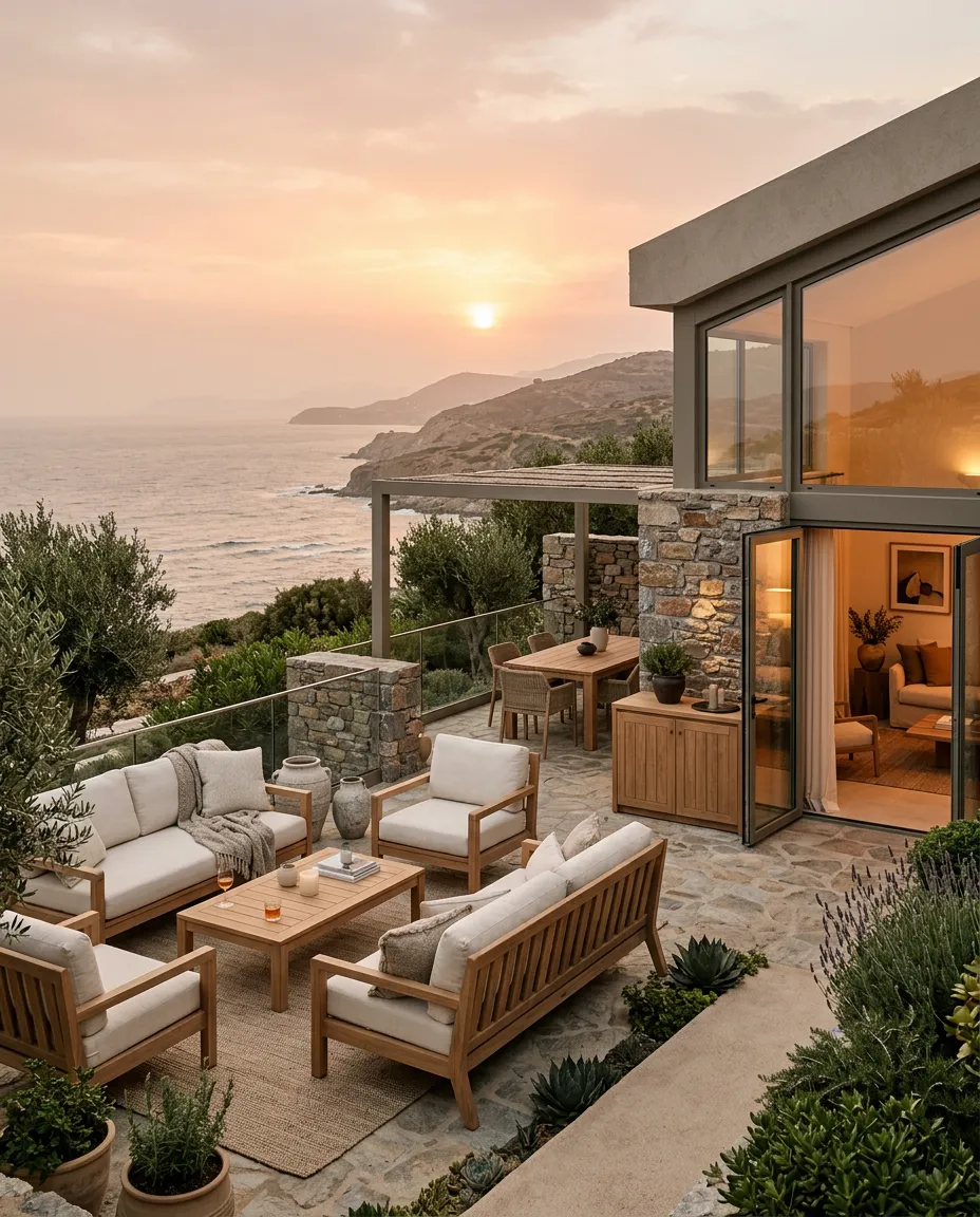 Secluded luxury rental residence with illuminated infinity pool and Sardinian coastline view