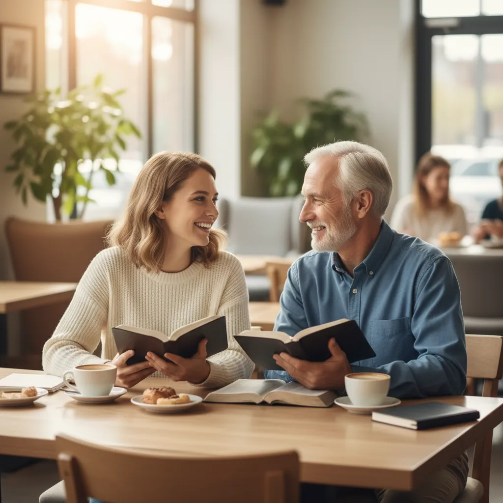 A young woman and an older man, both smiling, sit across from each other at a coffee shop table, each holding a Bible. The background is softly blurred, suggesting a welcoming, public space. The scene conveys intergenerational learning and open conversation. Modern, clean style.