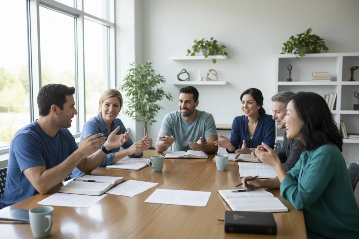 A diverse group of adults, men and women, gathered around a table with open Bibles and notebooks, engaged in lively discussion in a bright, modern classroom. The atmosphere is collaborative and focused, with natural light streaming through large windows. Modern, clean style.