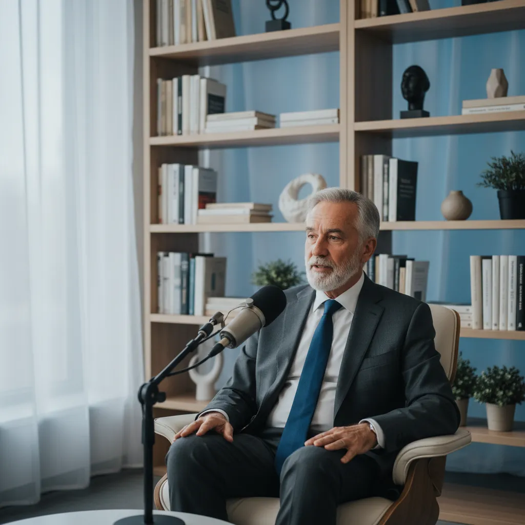 A distinguished older man in a suit, seated in a well-lit studio, speaks into a microphone. Bookshelves and a soft blue backdrop create a scholarly, inviting atmosphere. The image conveys authority and approachability. Modern, clean style.