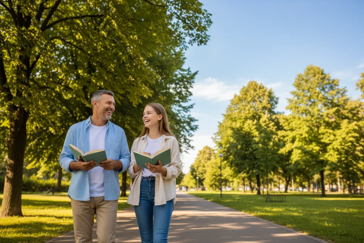 A middle-aged man and a teenage girl, both smiling, walk side by side through a sunlit park, each holding a book. The background features green trees and a clear sky, evoking a sense of hope and connection. Modern, clean style.