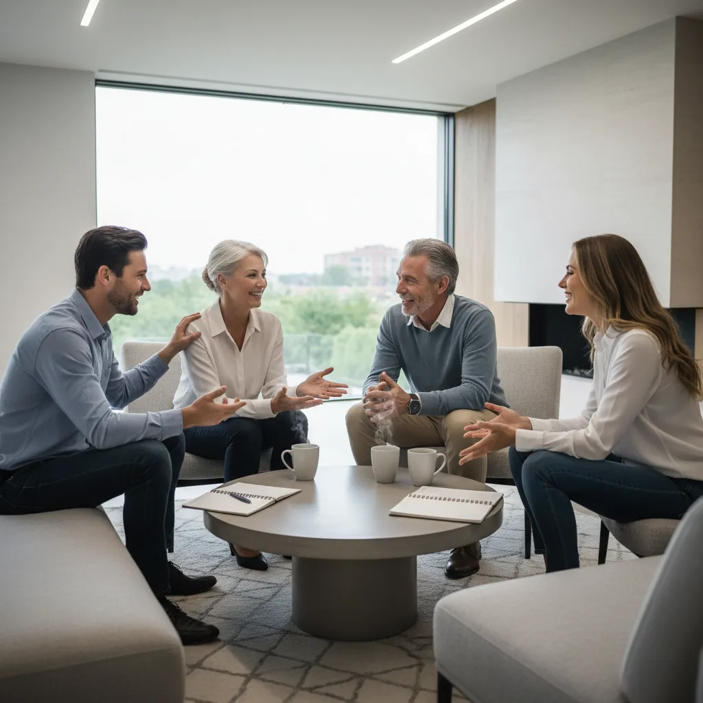 A group of four people, two men and two women of different ages, sit in a circle in a cozy living room, engaged in animated discussion. Coffee mugs and notebooks are on the table, and the mood is friendly and supportive. Modern, clean style.