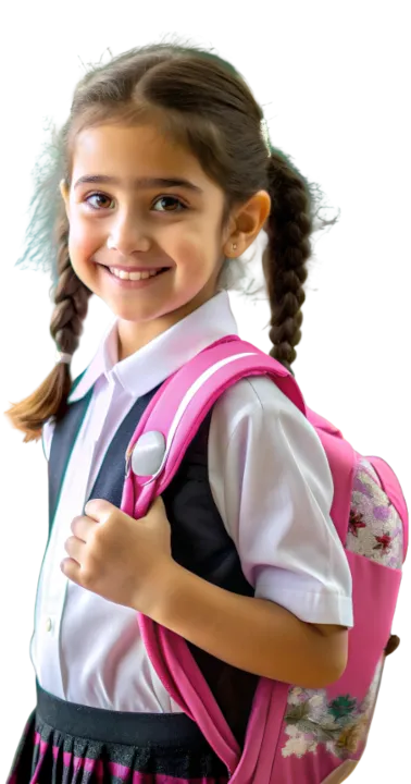 Decorative background featuring a smiling preschool girl with a pink backpack