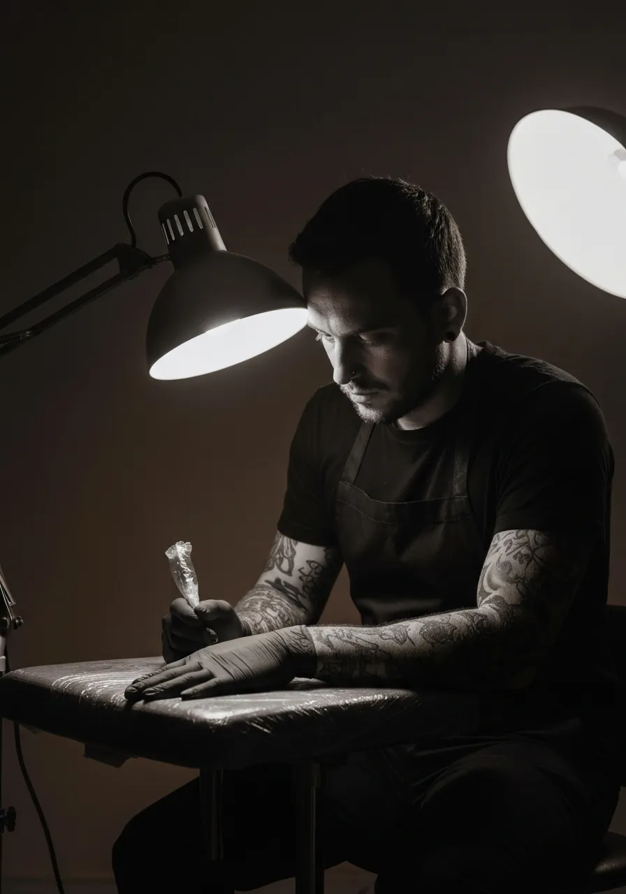 Cinematic black and white portrait of a tattoo artist working, with a heavy bottom-up black gradient vignette