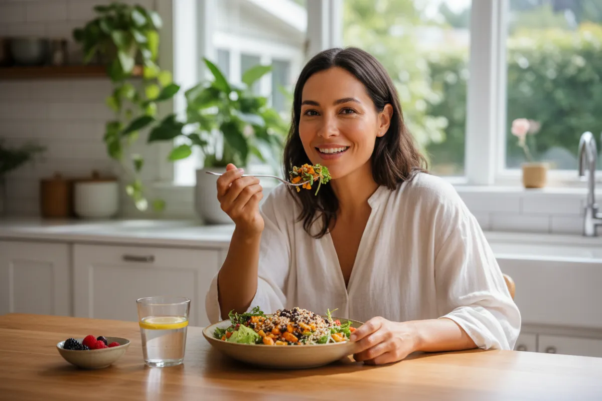 A vibrant digital illustration of a diverse group of men and women in athletic wear jogging together in a sunlit park, with lush greenery and a city skyline in the background. The scene radiates energy and motivation, capturing a sense of community and healthy living, perfect for a health and fitness landing page.