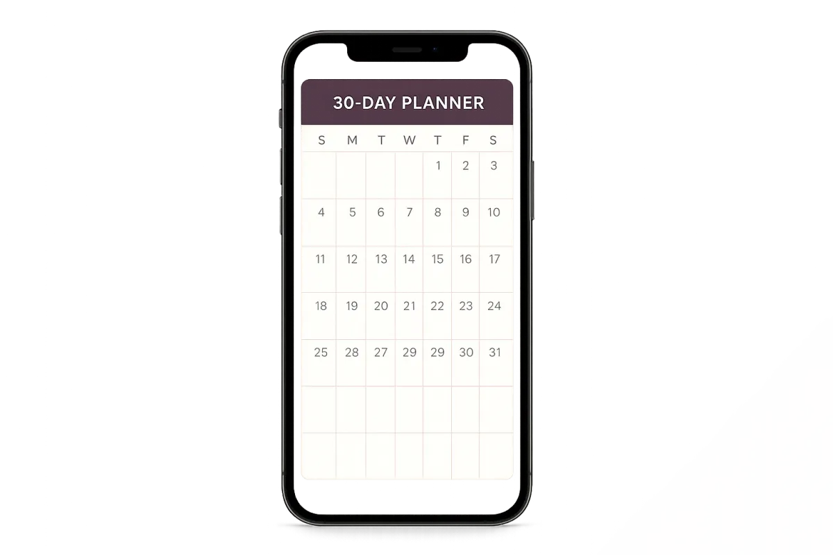 30-day planner mockup displayed on smartphone showing daily intentional checklists
