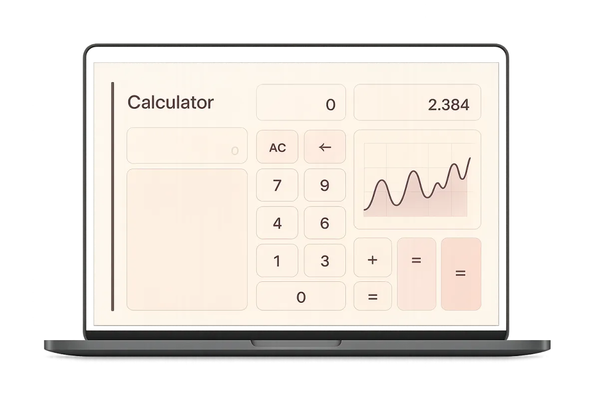 Budget calculator mockup on a laptop screen with simple income and expense fields