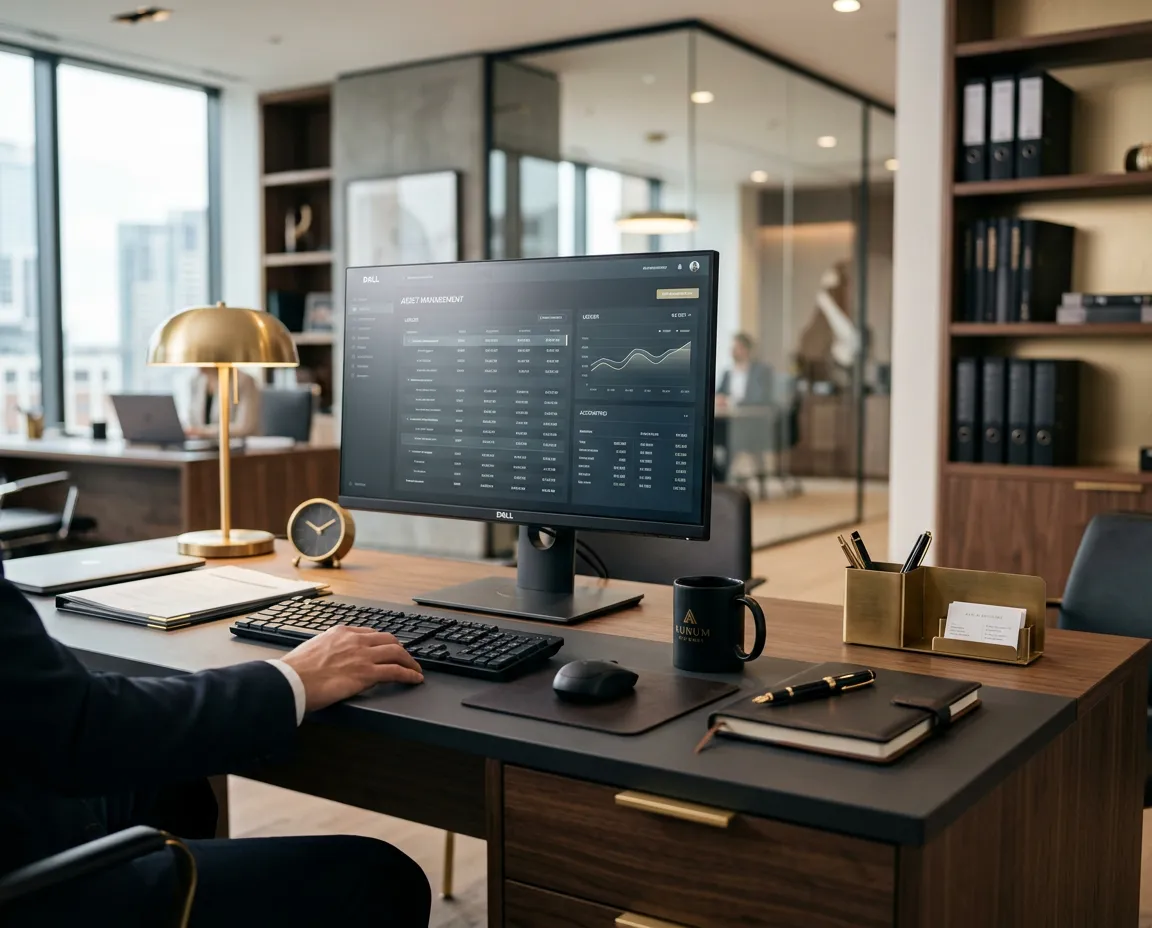 Modern professional accounting workspace with digital interfaces and clean minimalist desk