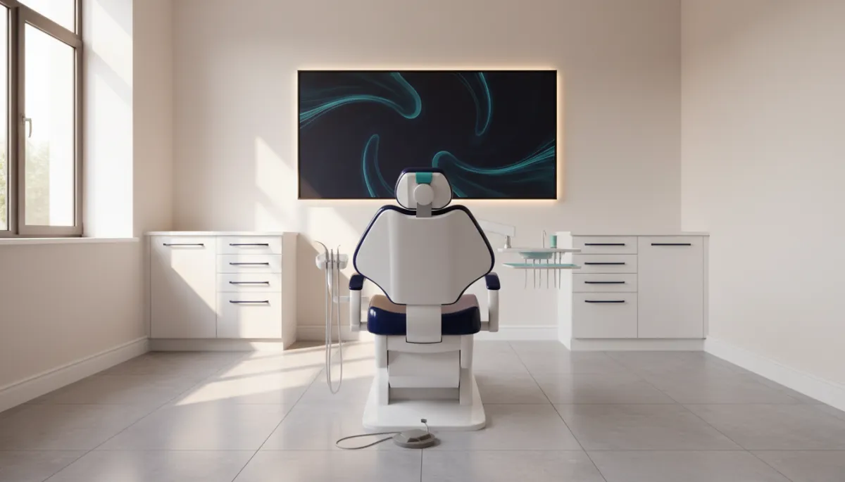 A clean, modern, and comfortable dental consultation room with warm lighting