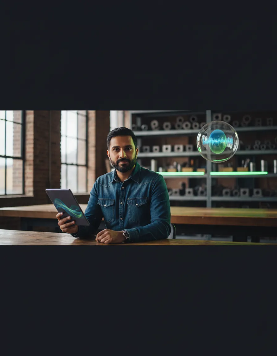 A high-quality photo of a calm, focused business owner in Worcester, MA, with a glassmorphic AI Receptionist bubble floating near the top right. The bubble shows a 'New Lead Captured' notification in Success Green text.