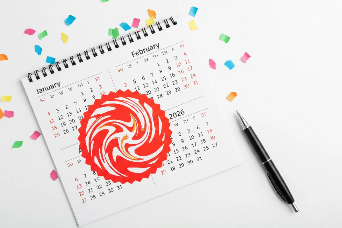 A calendar page for January and February 2026 marked with a bold discount sticker, surrounded by colorful confetti and a pen, on a clean white desk, symbolizing urgency and opportunity. 3:2 aspect ratio.