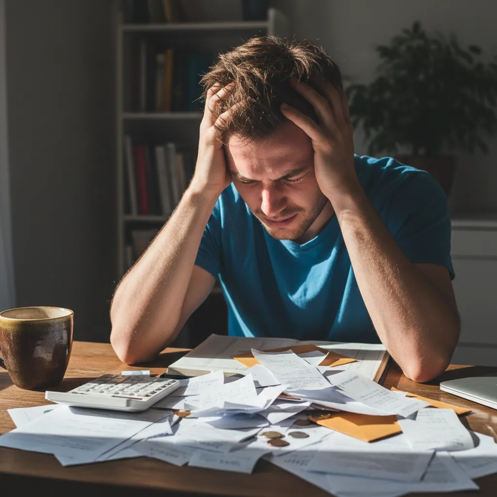 A cluttered home office desk with scattered receipts, a stressed entrepreneur holding their head, calculator and coffee cup nearby, daylight filtering in, representing the overwhelm of solo bookkeeping. 1:1 aspect ratio.
